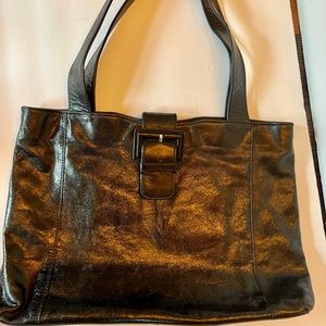 HOBO Shiny Black Leather Tote with Front Buckle